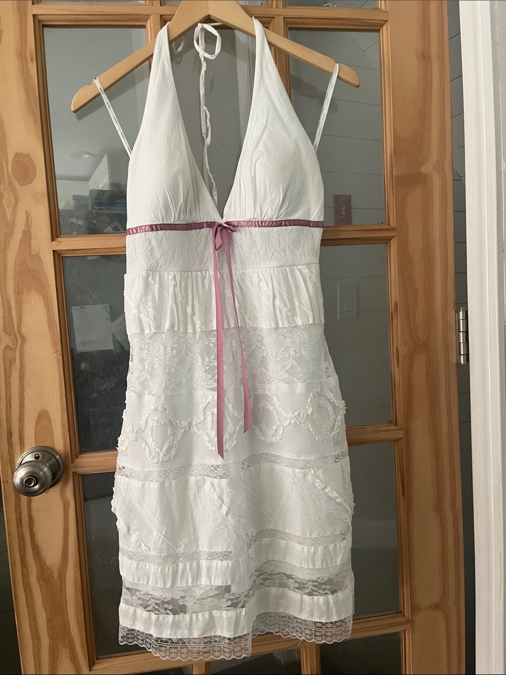 XOXO Collection Y2K White Lace Dress, ribbon, halter, embroidered, tiered, mini